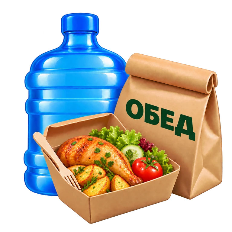 A 19 litre water bottle a lunch bag and a prepared meal