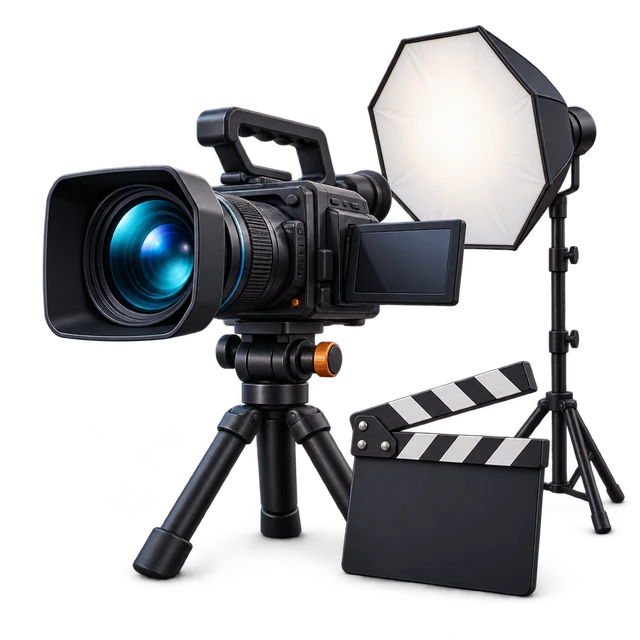 A video camera a softbox and a clapperboard